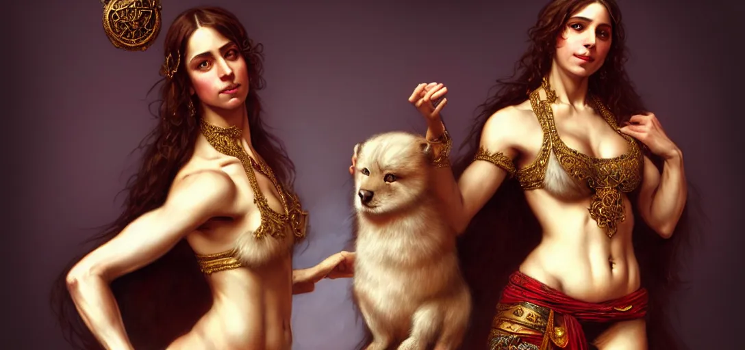 Image similar to renaissance full body portrait of a female bellydancer with a furry creature, lean and toned, cute face, d & d, intricate, elegant, highly detailed, digital painting, artstation, concept art, matte, sharp focus, illustration, art by da vinci, artgerm and greg rutkowski and alphonse mucha