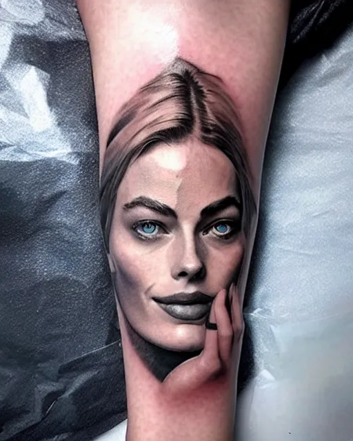 Image similar to creative double exposure effect tattoo design sketch of margot robbie face blended with beautiful mountain scenery, realism tattoo, in the style of matteo pasqualin, amazing detail, sharp