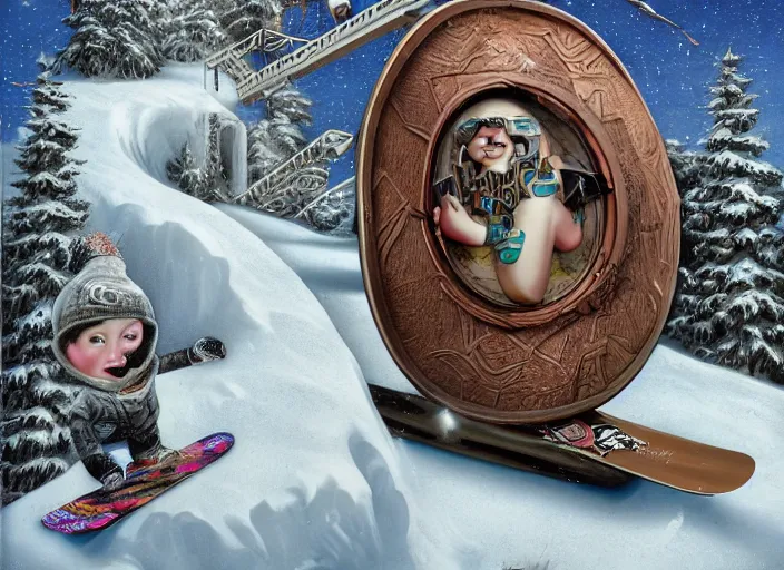 Image similar to a snowboard downhill with a portal to another dimension on the end, lowbrow, matte painting, 3 - d highly detailed, in the style of mark ryden,