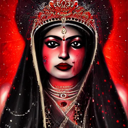 Prompt: beautiful Hindu queen of the dark with veil, in darkness, cover with a lot of red water, horror terrifying, surreal realistic, photorealistic, hyper details, full HD, 8k!