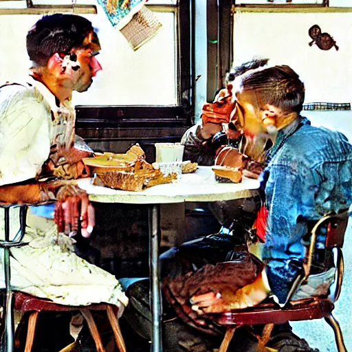 Image similar to Three students talking at a table artwork by Norman Rockwell, cinematic view, high quality