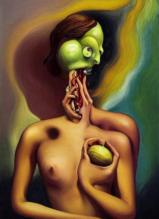 Prompt: Oil painting - She Eats of the Strangling Fruit and Her gossamer polyp blossoms bring iridescent fungal flowers whose spores black the foolish stars by Lucian Freud, and Mariusz Lewandowski, Abstract brush strokes, Masterpiece, Edward Hopper and James Gilleard, Zdzislaw Beksinski, Mark Ryden, Wolfgang Lettl highly detailed, hints of Yayoi Kasuma