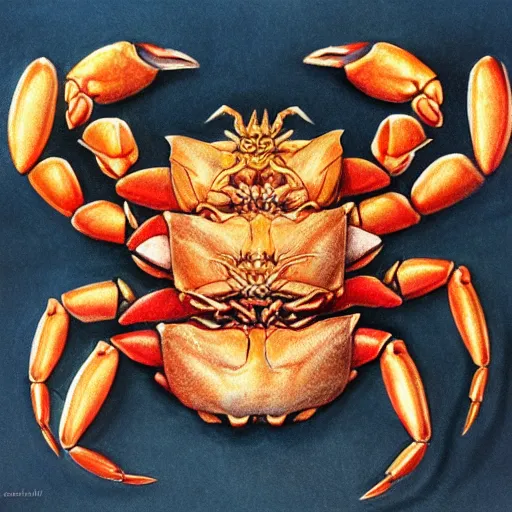 Prompt: detailed and sharp crab god zodiac artwork, mystic style, detailed, 8 k, detailed, symmetrical, by brian froud