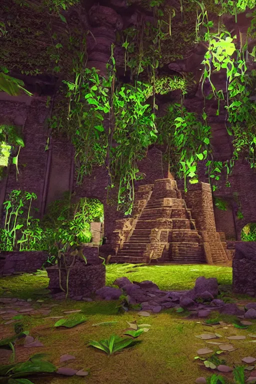 Image similar to a beautiful 3 d stylized interior scene of a dark ancient mayan temple with voodoo magic, green potions, vines, octane, unreal engine,