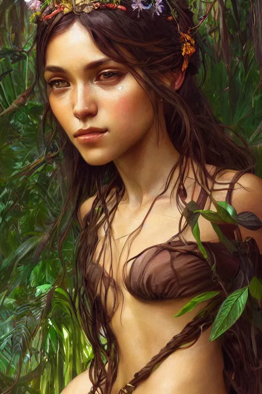 Prompt: ultra realistic illustration, bohemian brazilian girl in jungle, close up, staring directly into camera, intricate, elegant, highly detailed, digital painting, artstation, concept art, smooth, sharp focus, illustration, art by artgerm and greg rutkowski and alphonse mucha