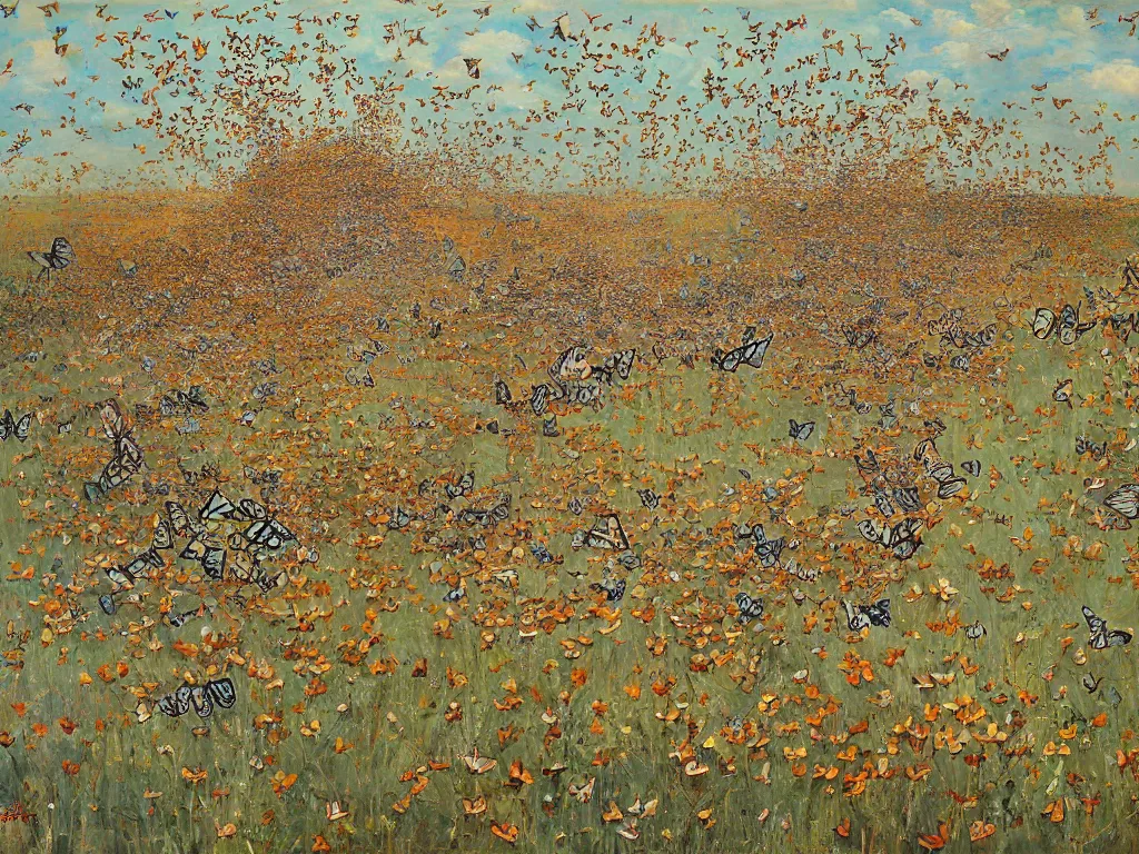 Prompt: butterflies swarm, Denis sarazhin, oil on canvas