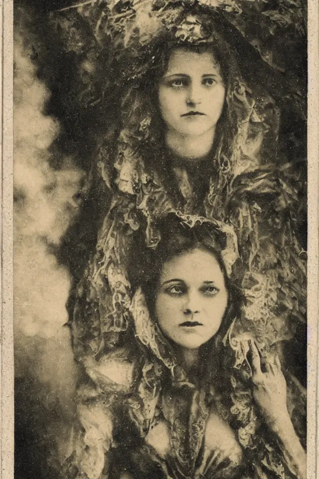 Prompt: wet plate sun tarot card victorian era, ghosts in the background, in the time of plague, no borders