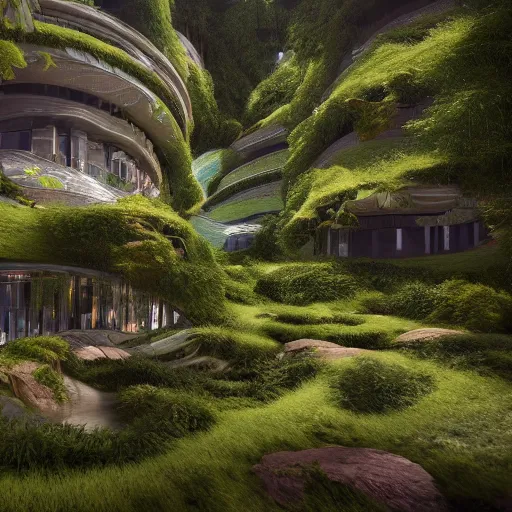 Image similar to fractal flowing eco sustainable utopian architecture, artstation, realistic, octane render, cinematic.