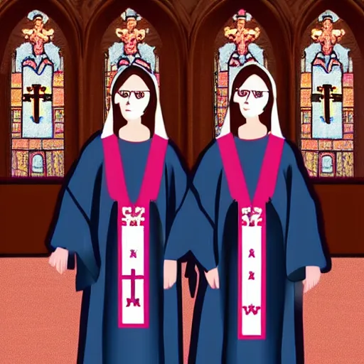 Image similar to two identical female priests standing across from each other in a beautiful church, clean digital art, upscaled