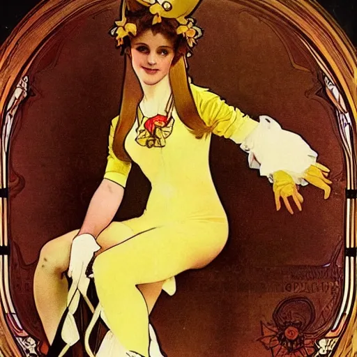 Image similar to elegant woman dressed up as pikachu, wearing stockings, photo by Alphonse Mucha,