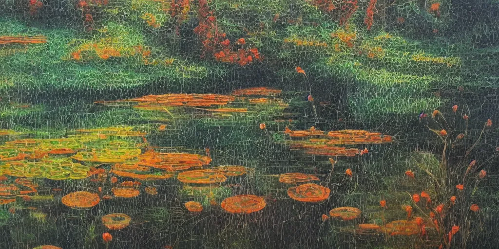 Image similar to pond landscape, by feifei ruan, intricate, sharp focus, detailed, serenity, lively colors