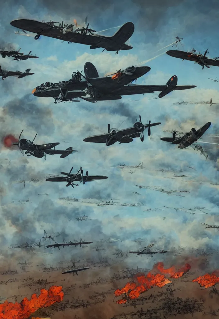 Image similar to handmade illustration of an epic World War I air scene with only two 1914 airplanes fighting, some smoke and fire, blue sky with dramatic clouds, line art, ballpoint, oil on canvas by Kilian Eng and by Jake Parker, heavy brushstrokes, winning-award masterpiece, fantastic, octane render, 8K HD Resolution, High quality image