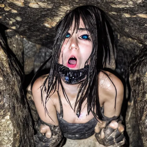 Image similar to photo inside a cavern of a wet reptilian humanoid rapper anime girl partially hidden behind a rock with black eyes open mouth and big teeth