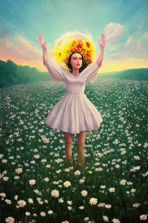 Image similar to giant white daisy flower face head, girl dancing in a flower field, surreal photography, sunrise, dramatic light, impressionist painting, colorful clouds, digital painting, artstation, simon stalenhag