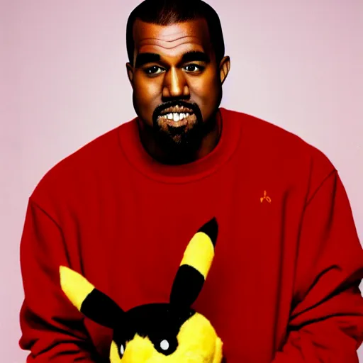 Image similar to kanye west smiling holding pikachu for a 1 9 9 0 s sitcom tv show, studio photograph, portrait c 1 2. 0