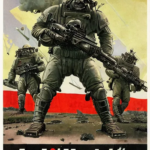 Image similar to Soviet mechs in the style of Norman Rockwell, world war 2, WWII, propaganda poster, sci-fi illustrations, highly detailed, award-winning, patriotic, soviet, ussr, dark, gritty, ink