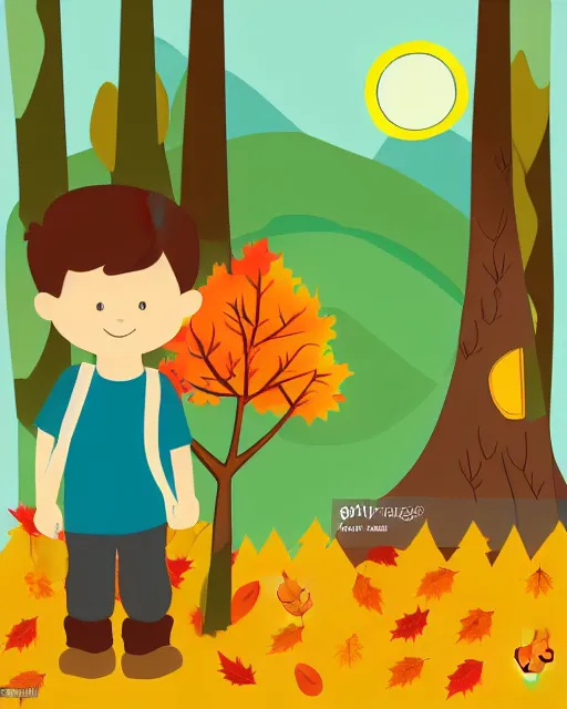 Image similar to autumn hillside boy with camping bag illustration light color