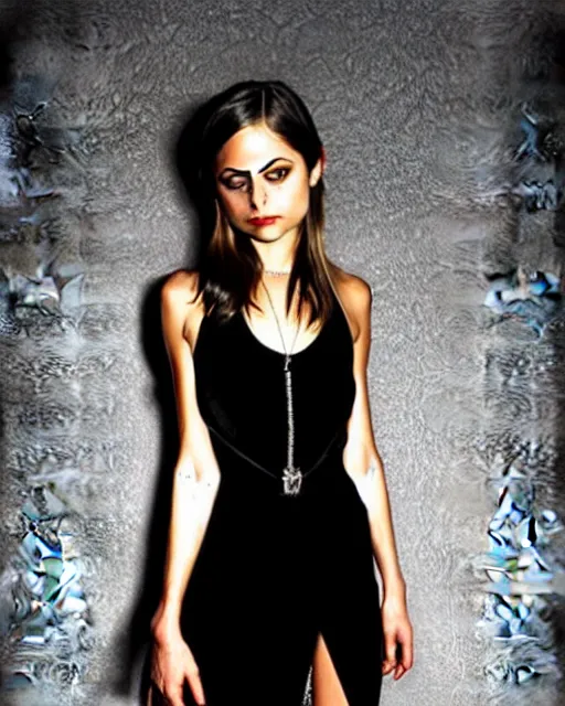 Image similar to style of ted nasmith : : gorgeous willa holland : : evil witch, swirling black magic, black dress : : symmetrical face, symmetrical eyes : : full body pose : : gorgeous black hair : : magic lighting, low spacial lighting : :