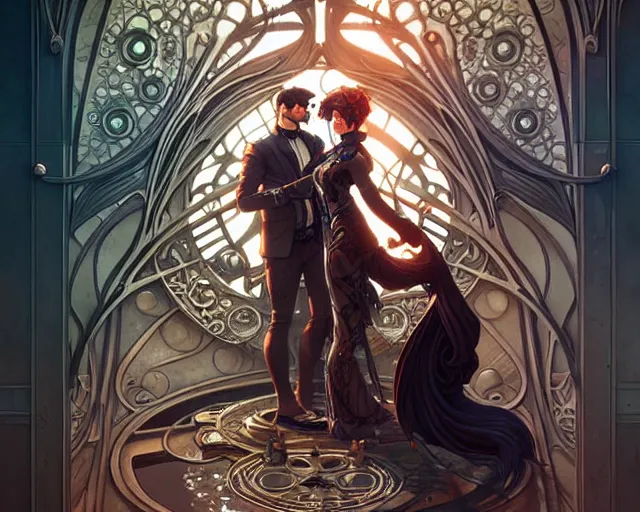 Image similar to A couple with mechanical eyes, art nouveau, fantasy, intricate steam pipe designs, elegant, highly detailed, sharp focus, art by Artgerm and Greg Rutkowski and WLOP