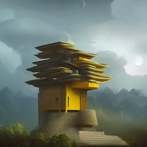 Image similar to futuristic house inspired by a tibetan palace between big trees, yellow clouds, dramatic lighting, artstation, matte painting, raphael lacoste, simon stalenhag, frank lloyd wright, zaha hadid