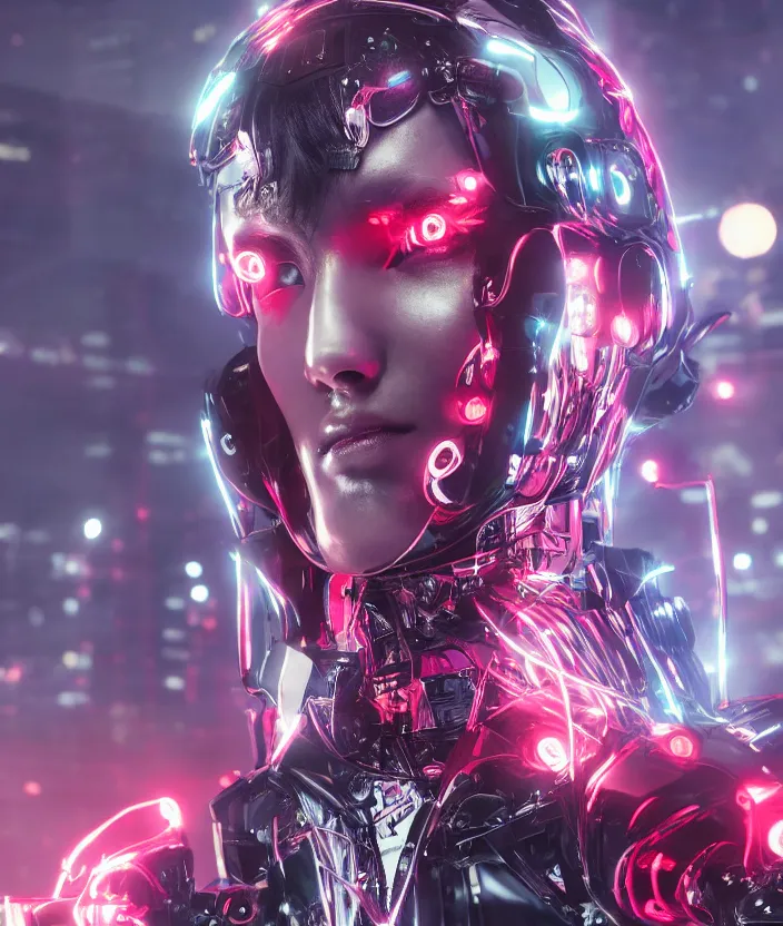 Prompt: japanese model cyborg with digital led skin, neon lighting, techno neon projector background by akihiko yoshida, portrait photo, intricate details, ultra realistic, unreal engine 5, depth of field, bokeh, octane render