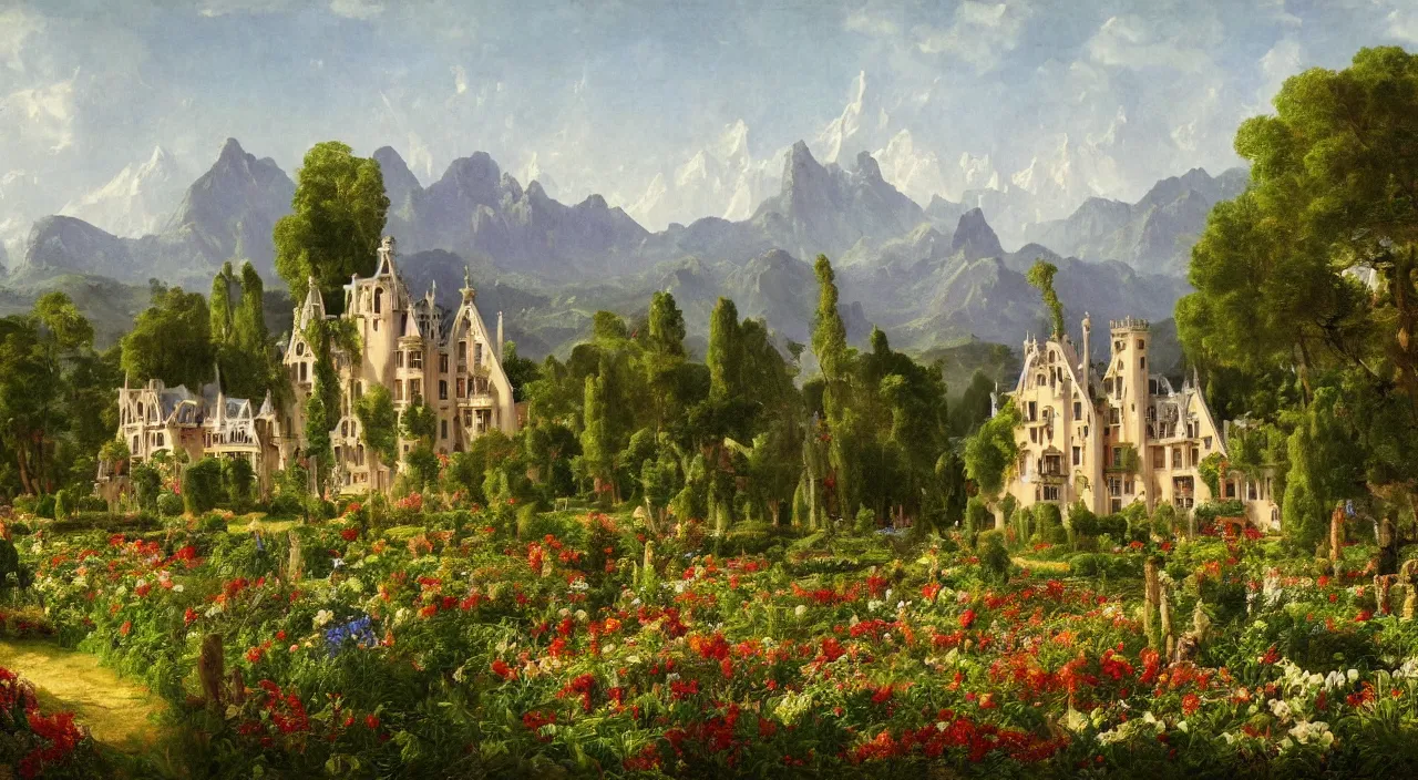 Image similar to a landscape painting of a manor designed by Antoni Gaudí, with flower fields as foreground, with mountains as background, by Thomas Cole