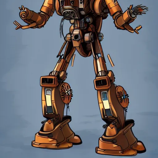 Prompt: a steampunk mech - suit designed to shoot down other mech - suits, anime, studio ghibli, steam, pipes, guns, copper, metal, slightly rusty, plain background, finely detailed, epic, intense, sparks, cinematic lighting,