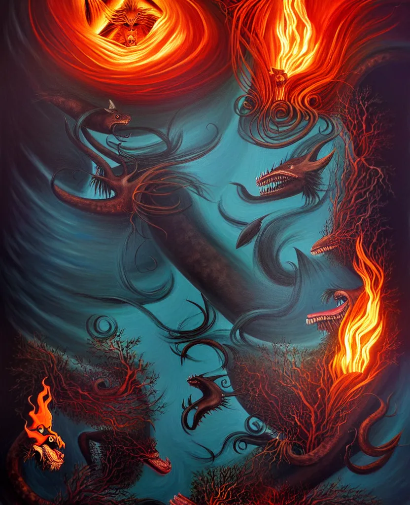 Prompt: mysterious bestiary of wild emotion monsters repressed in the deep sea of unconscious of the psyche lead by baba yaga, about to rip through and escape in a extraordinary revolution, dramatic fire glow lighting, surreal painting by ronny khalil