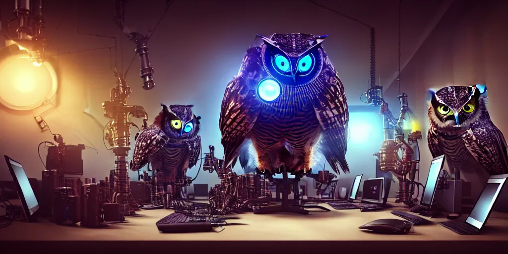 Prompt: an giant evil, malevolent, cyborg owls looking at a computer, surrounded by computer screens. steampunk. hyperealistic very colourful hdr cinematic lighting cgi render photorealistic cinematic octane render