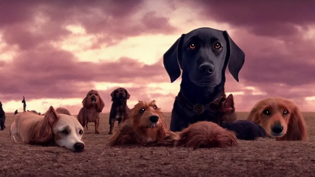 Image similar to all dogs go to heaven, film still from the movie directed by Denis Villeneuve with art direction by Salvador Dalí, wide lens