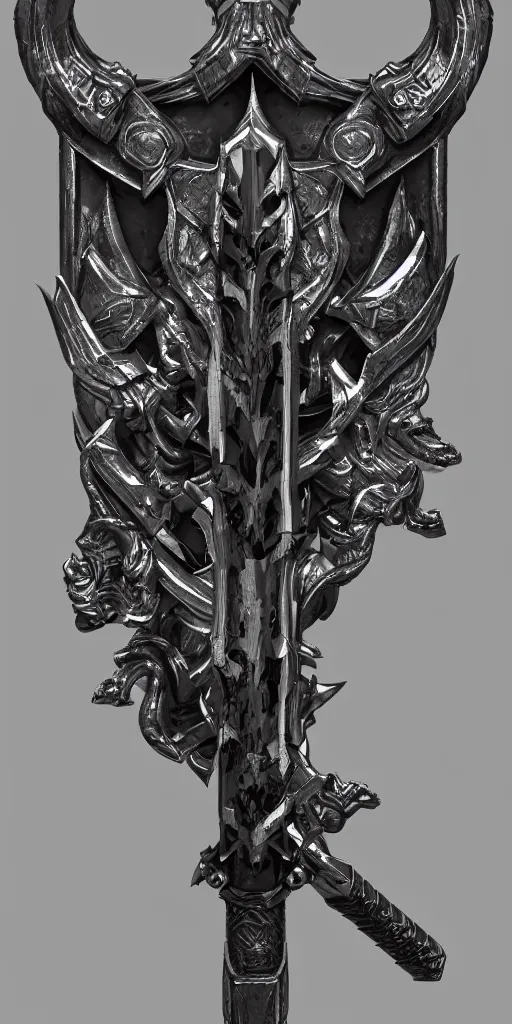 Image similar to a black and silver sword skull crest, orthographic, ornament, weapon, a 2 d render by dom qwek, front side, concept art, trending on polycount, artstation, hard surface modeling, rendered in maya, zbrush, hd, vray, blizzard, symmetry