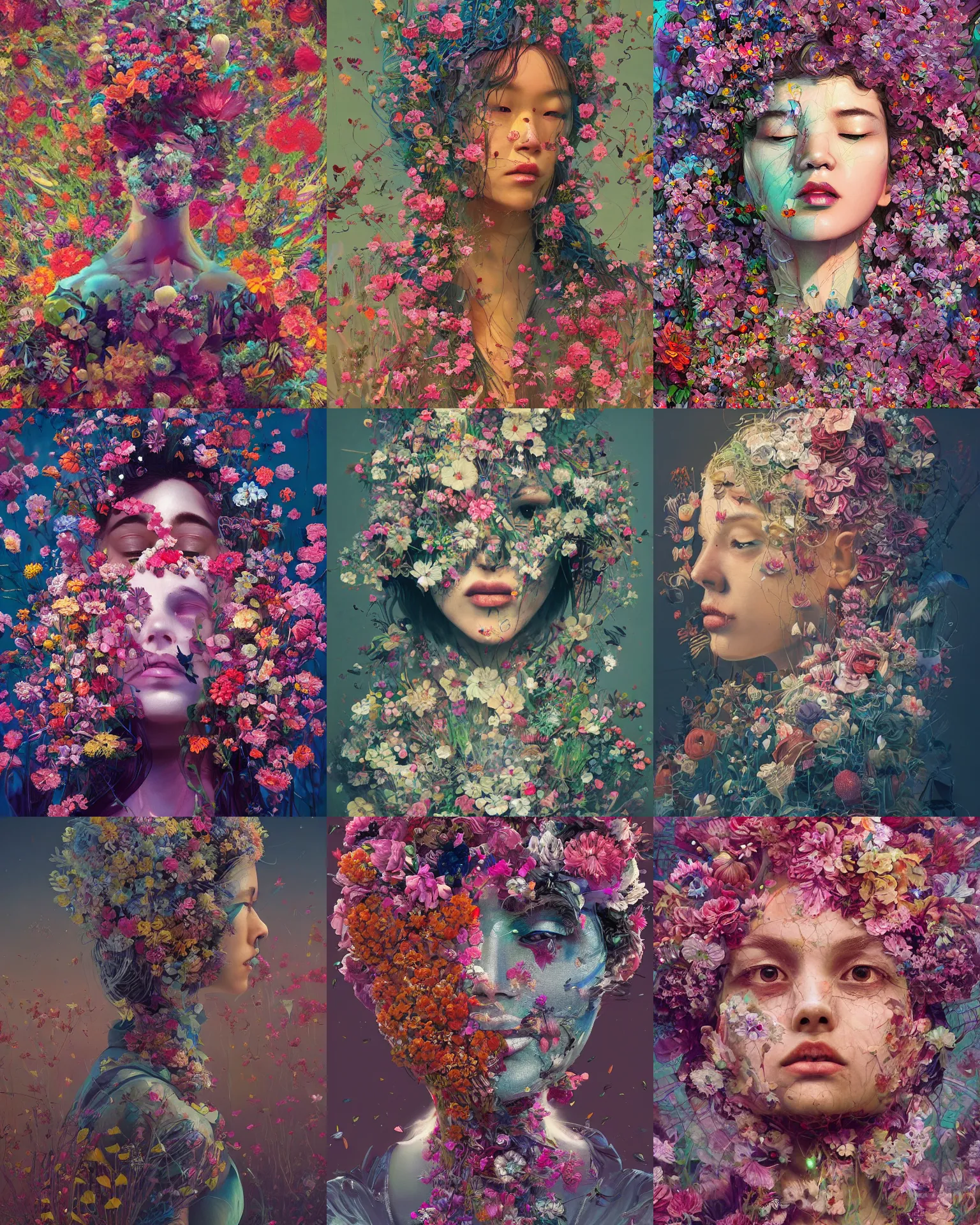 Prompt: a woman made of flowers. intricate abstract. intricate artwork. by tooth wu, wlop, beeple, dan mumford. trending on artstation, greg rutkowski very coherent symmetrical artwork. cinematic, hyper realism, high detail, octane render, 8 k, iridescent accents