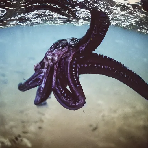 Image similar to an octopus hiding inside a decaying human skeleton, beautiful underwater nature photograph with dynamic lighting and murky water