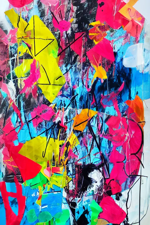 Image similar to abstract expressionist painting, paint drips, acrylic, wildstyle, clear shapes, maximalism, smeared flowers, origami cranes, oil pastel gestural lines, large triangular shapes