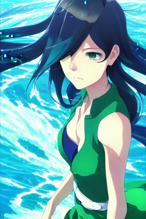 Image similar to makoto shinkai, artgerm, ilya kuvshinov, beautiful anime women with green dress, long blue hair, water powers water swirling, symmetrical face, symmetrical eyes, detailed, beach setting, cinematic lighting