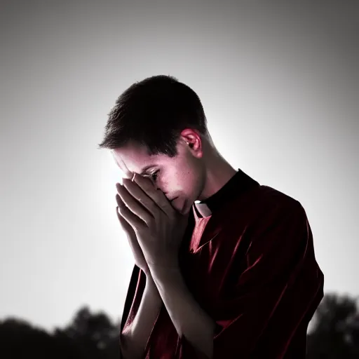 Image similar to Close up of a young, thin and stern catholic priest in his thirties fervently praying as he is about to die from the ominous terrifying Lovecraftian yellow shadow descending upon him from the night sky. Low angle, dramatic lighting. 4K photograph, 85mm sigma art lens