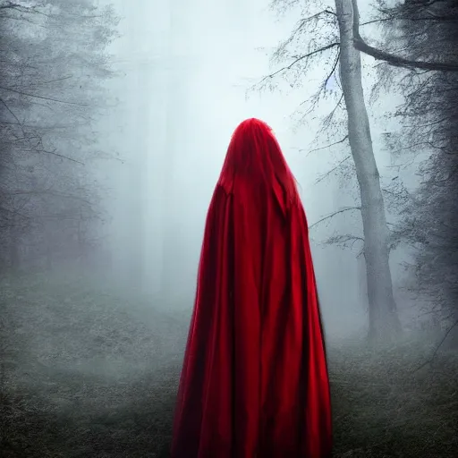 Image similar to a high detailed photo of a lady in a red cloak, seen from behind, ancient forest, mist, 35mm, photorealistic, realistic, deviantart, gloomy atmosphere, high definition