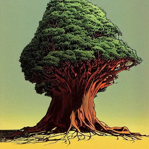 Prompt: a large tree rooted in a rough diamond planet floating in space, by moebius