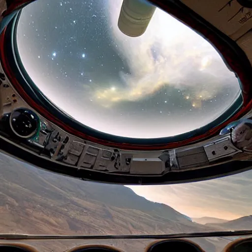 Image similar to inside an O'Neil Cylinder space station. Mountains, rivers, clouds, stars outside