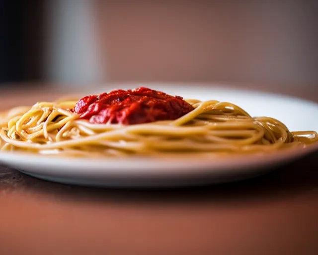 Image similar to elon musk face in a plate of spaghetti, dof and bokeh