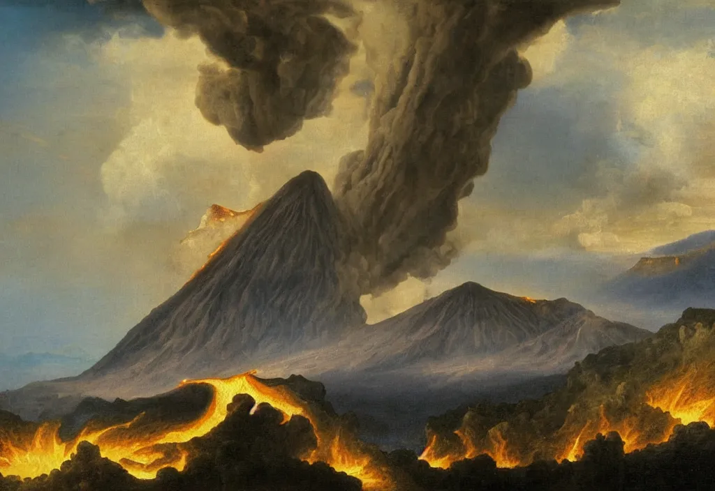 Image similar to a beautiful painting of a volcano oozing lava, pyroclastic clouds forming from the mouth of the volcano with lightning inside, in the background there are other mountains and a thick forest, there's a lake in the foreground with lush vegetation by albert bierstadt, high resolution, excellent contrast, morning
