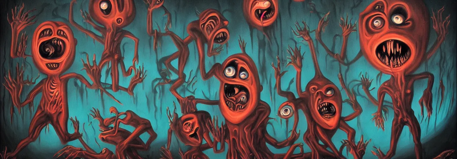 Image similar to visceral freaky obsessive monsters from the darkest depths of collective unconscious, dramatic glowing lighting, 1 9 3 0 s fleischer cartoon characters, wild emotional expressions - surreal painting by ronny khalil