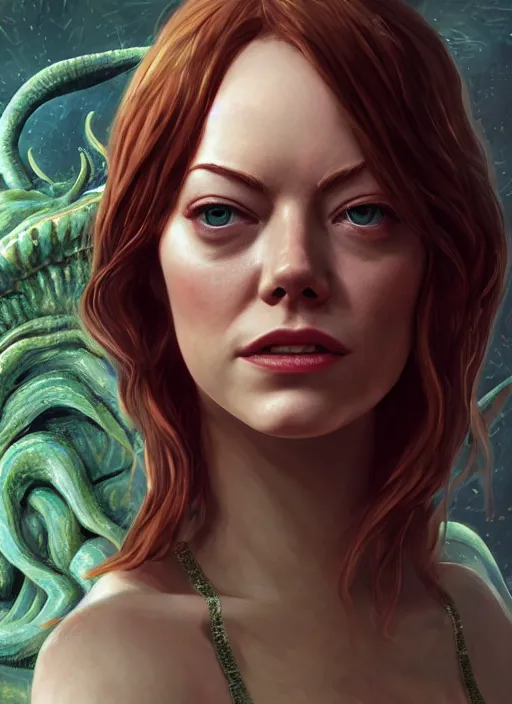 Image similar to portrait emma stone as cthulhu, hyper detailed, digital art, trending in artstation, cinematic lighting, studio quality, smooth render, unreal engine 5 rendered, octane rendered, art style by klimt and nixeu and ian sprigger and wlop and krenz cushart.