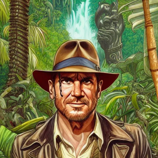 Prompt: portrait indiana jones with a temple in the rainforest in the back by james jean