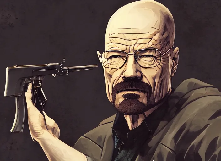 Image similar to a portrait of walter white holding a shotgun, digital painting masterpiece, advanced lighting technology, stylized yet realistic anatomy and face, gorgeous, by shigenori soejima and bastien vives and balak and michael sanlaville, 4 k wallpaper, cinematic, gorgeous brush strokes, coherent and smooth