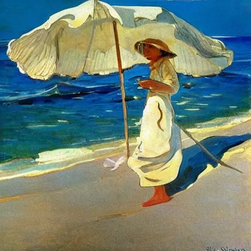 Prompt: she sells seashells by the sea, by moebius and joaquin sorolla