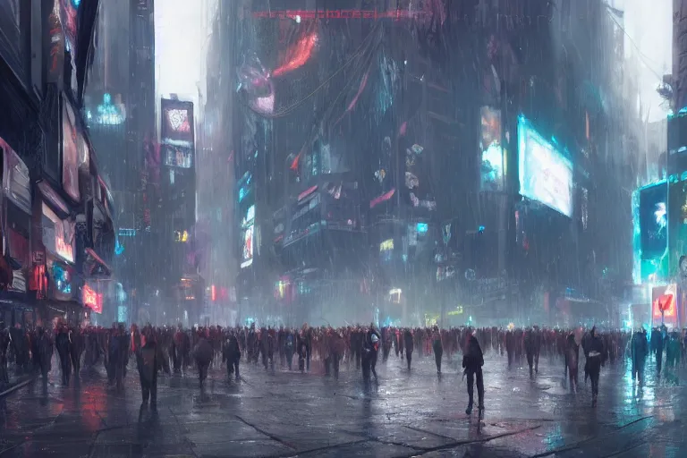 Prompt: dramatic artstation illustration of a crowd of people at a city intersection bowing to giant cyborg hologram by greg rutkowski, cyberpunk, raining