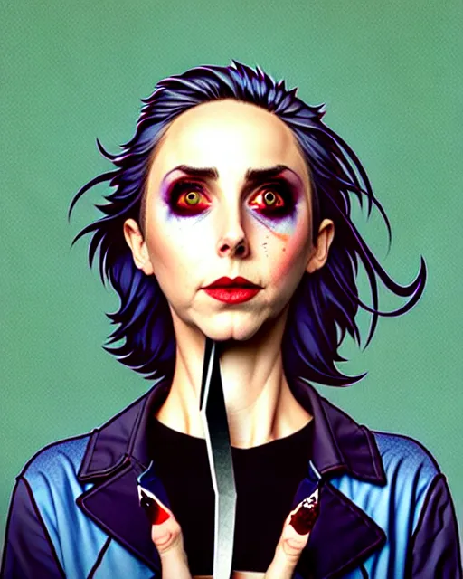 Image similar to loish, artgerm, Joshua Middleton art, Rafeal Albuquerque, pretty Alison Brie serial killer holding bloody knife in right hand realistic hand, blood on clothes and face, sarcastic smile, symmetrical eyes, symmetrical face, jean jacket, jeans, short blonde hair, middle shot, night time, deep blacks