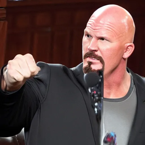 Prompt: stone cold steve austin addresses parliment, high detail, photorealistic,