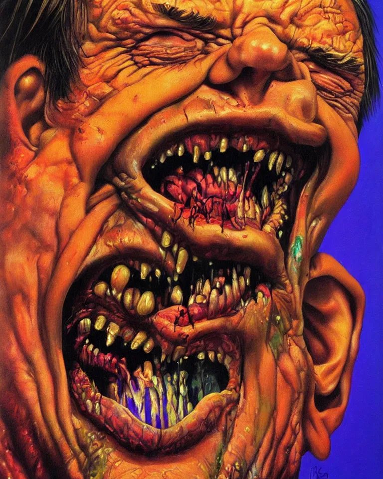 Image similar to hyper realistic painting, head of mark e smith from the fall laughing maniacally, outer glow, by simon bisley, lisa frank, chuck close and richard corben, very intense, depth of field, depth perception, hyperdetailed, rich deep vivid colours, sharp focus, directional lighting